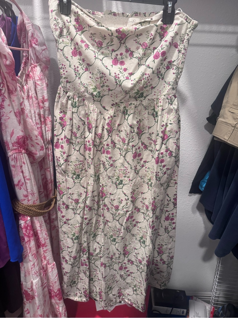 Jessica Simpson Strapless Floral Midi Dress in Cream and Pink